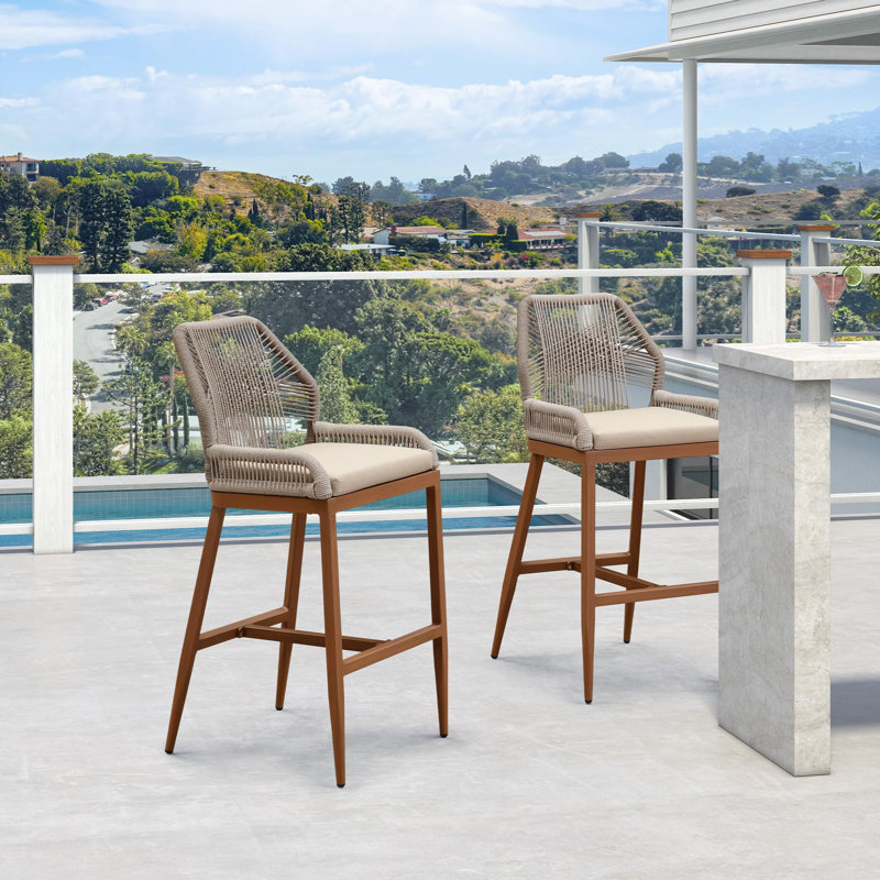 Purple Leaf Patio Upcycled Fabric Bar Stools 28" H Set Of 2 Handwoven Wicker Bar Height Stool Modern Aluminum High Bar Chairs Outdoor Wicker Barstools With Back And Cushion For Kitchen Pool Island