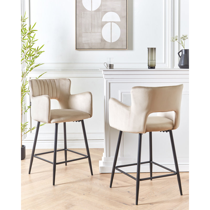 Panaca Upholstered Counter Stool with Metal Frame, Beige Velvet