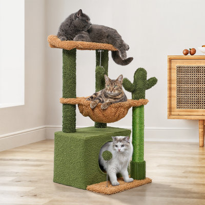 Everee 33" Cat Tree Tower, Green Cactus Cat Tree Condo House with Scratching Posts, Perch, Hammock