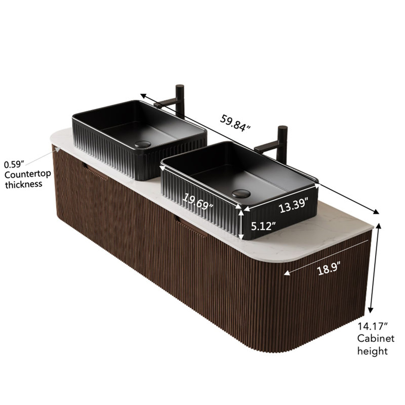 Meuble-lavabo de salle de bain 30 po avec lavabo, meuble de rangement mural à bordures courbes et flottantes avec tiroir, lavabo rectangulaire en céramique noire, sans robinet