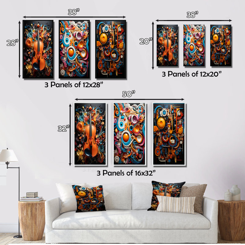 «Opt Art Vibrant Symphony», 3 pièces sur toile, Toile tendue, H 28 po x l 36 po