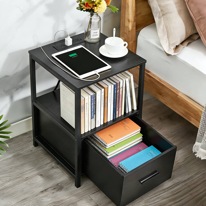 Black End Table Set of 2 with Charging Station, Side Table with USB Ports and Outlets, Living Room Sofa Table with Drawer and Storage Shelves, Modern Small Space Tables
