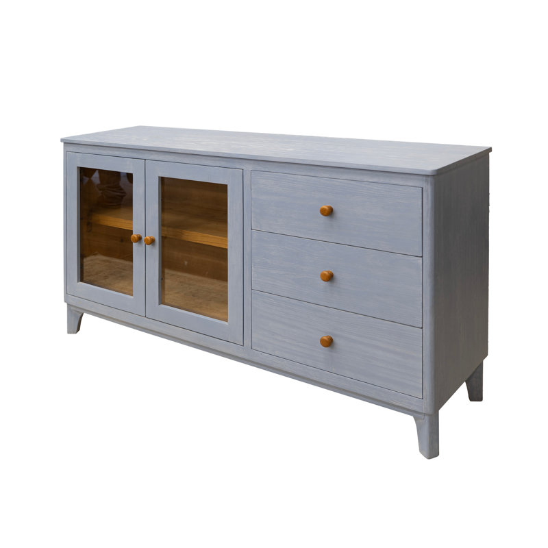 Console Izya 59 po, 2 portes vitrées, 3 tiroirs, bois massif bleu