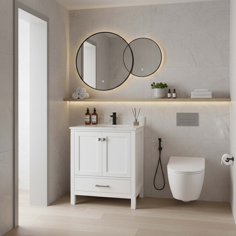 Meuble-lavabo de 30 po avec cadre en bois massif et comptoir de meuble-lavabo autoportant avec lavabo blanc