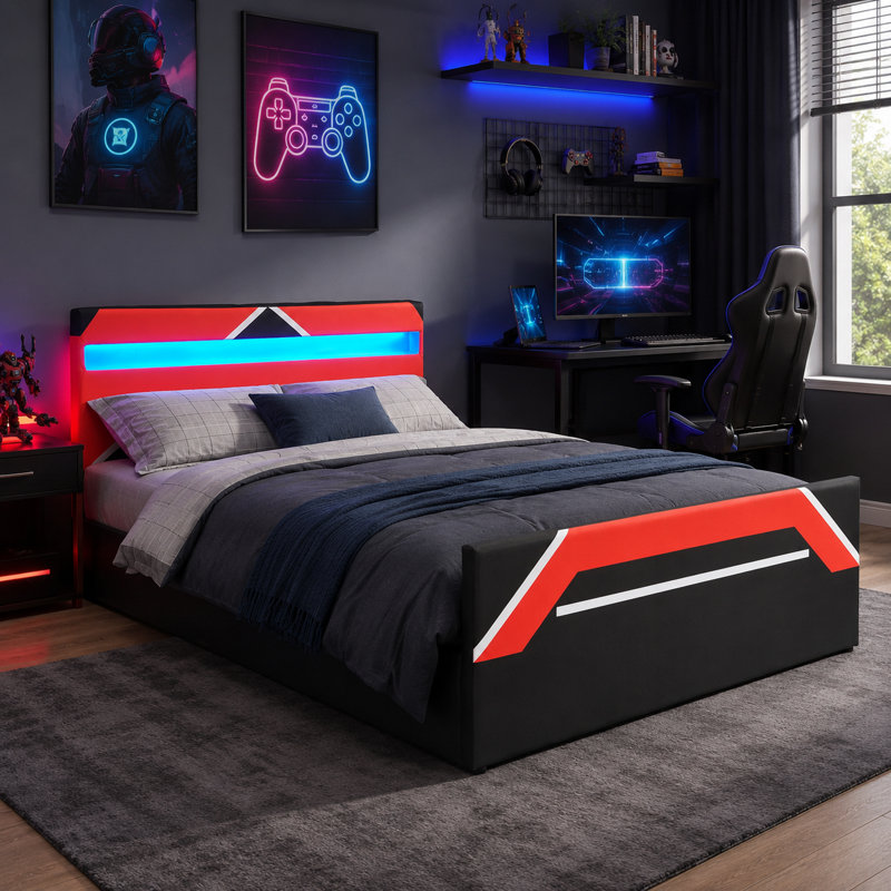 Grand lit de jeu noir et rouge de style Cyber, livré avec une tête de lit lumineuse à DEL de 7 couleurs et une plateforme de levage hydraulique latérale pour le rangement - élégant et pratique.