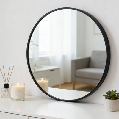 24In Wall Mirror Round Vanity Mirror Aluminium Framed Circle Bathroom Mirror Modern Wall Mirror - Black