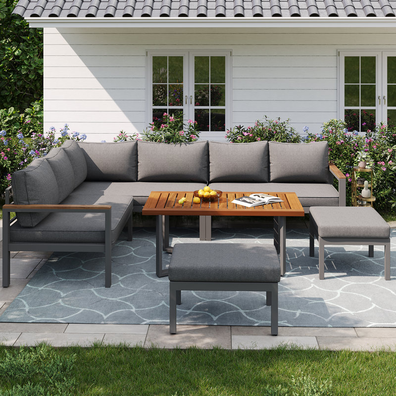 Outdoor 8 Seat Corner Sofa And Table Set With In-Built Side Tables For Modern Gardens