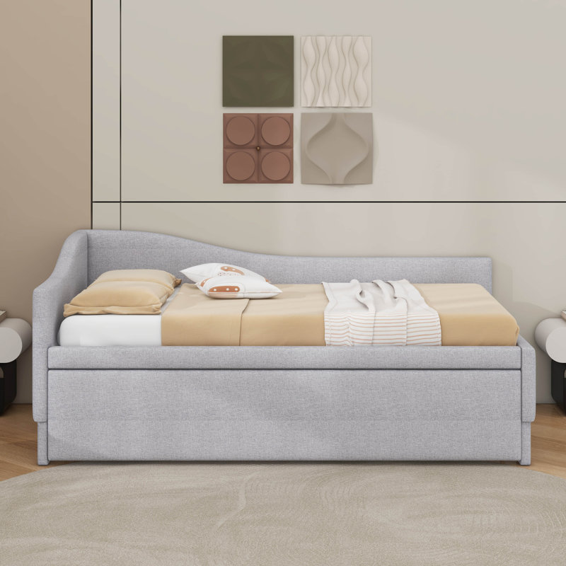 Twin Size Upholstered L-Shaped Upholstered Daybed With Trundle, Gray