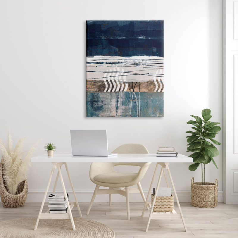 36_Art mural abstrait sur toile tendue avec lignes bleues et lignes tendues par Dan Meneely, Toile tendue, H 48 po x l 36 po