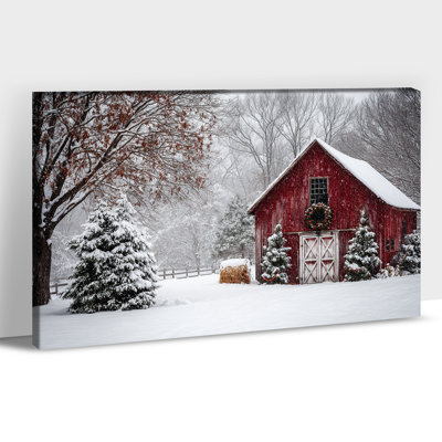 «Red Barn Winter», art mural - photos de Noël avec paysage enneigé, impressions de Noël rétro pour le salon, impression sur toile encadrée, 20 po x 30 po