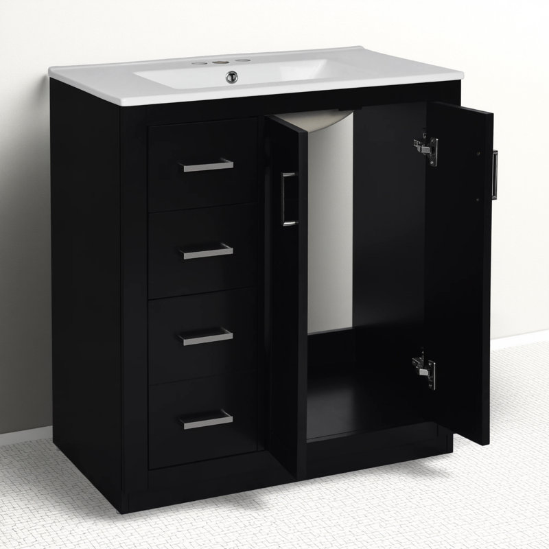 Ensemble de meuble-lavabo autoportant de 30 po avec cadre en bois massif et lavabo en céramique, 3 tiroirs et porte à fermeture en douceur, combinant rangement et fonctionnalité.
