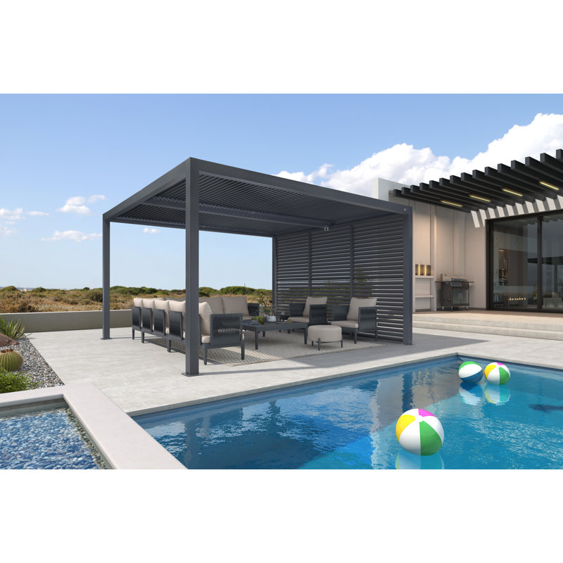 Purple Leaf Louvered Pergola Outdoor Aluminum Pergola With Fixed Shutter Wall Adjustable Roof For Deck Backyard Grey Hardtop Gazebo, 1 Short Side