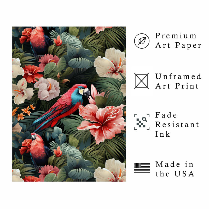Motif floral perroquet tropical sans cadre, H 7 po x l 5 po