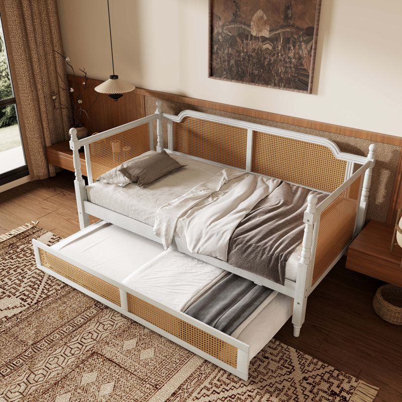 Traditional Style Rattan Daybed with 2 Drawers, Full, Antique White