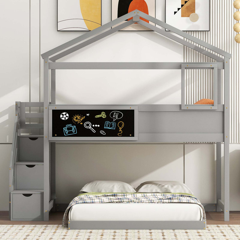 Lit superposé House avec escalier de rangement et planche, gris