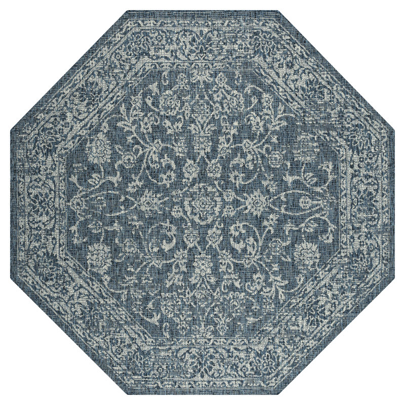 Leonora Bohemian Textured Weave Floral Teal/Gray Indoor/Outdoor Rug, Octagon 7'9"