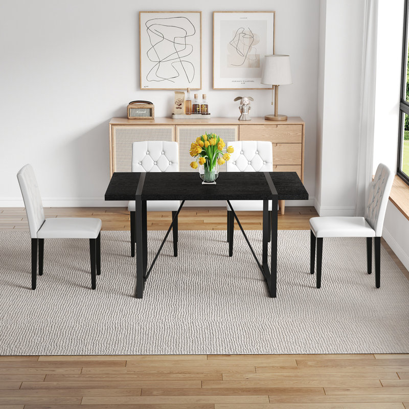 Ensemble de table de salle à manger 5 pièces avec table rectangulaire et chaises à dossier capitonné à 4 boutons, Blanc