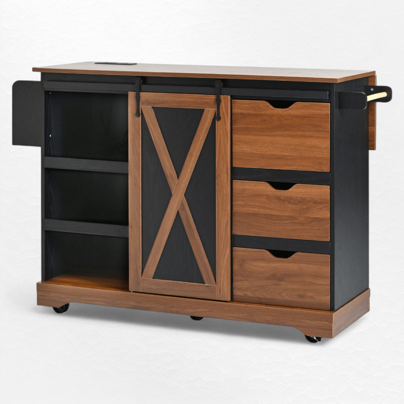 55.5" Wide Kitchen Island With Extendable Tabletop, Black/Brown