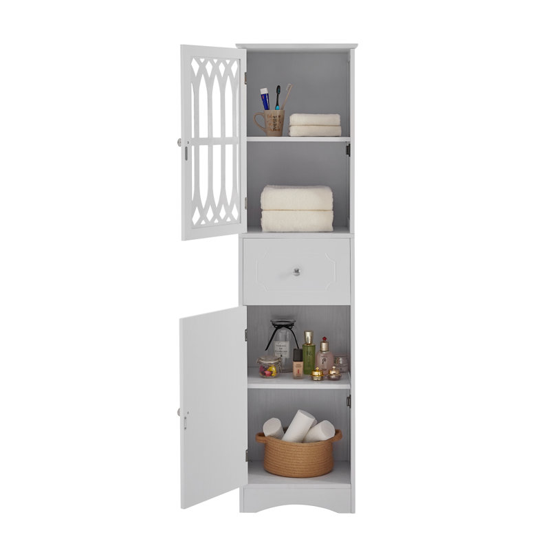 Grande armoire de salle de bain avec tiroir et portes avec tablette réglable pour la salle de bain, Blanc