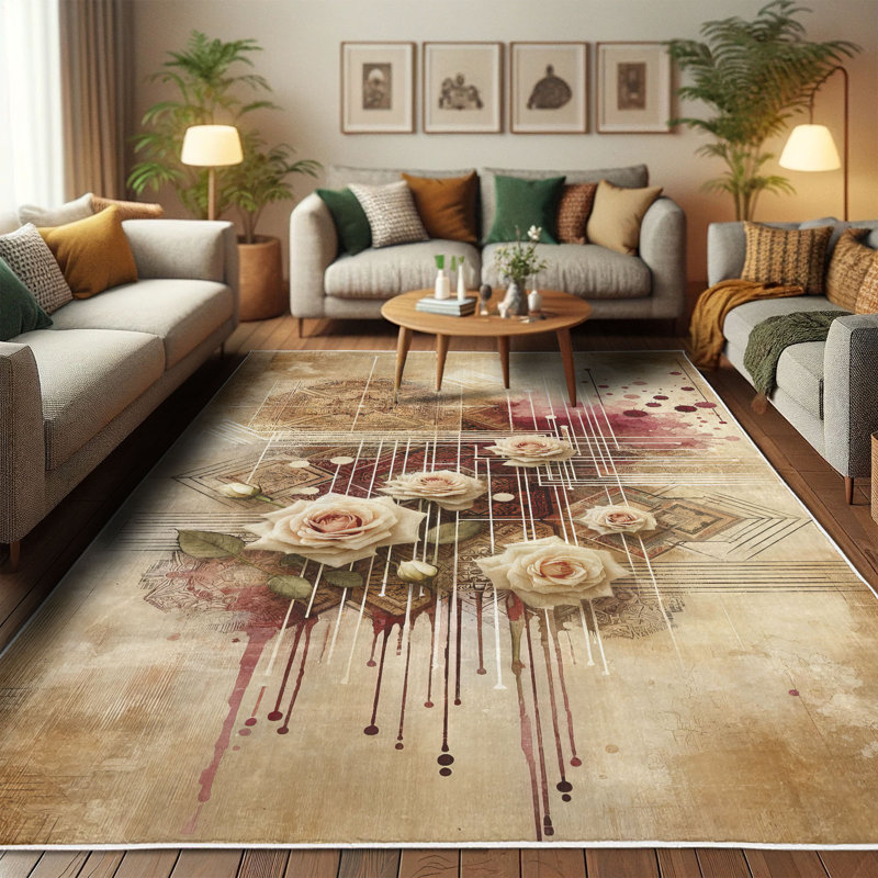 Camel and Raspberry Floral Synthetic Area Rug 2' 5" x 5'