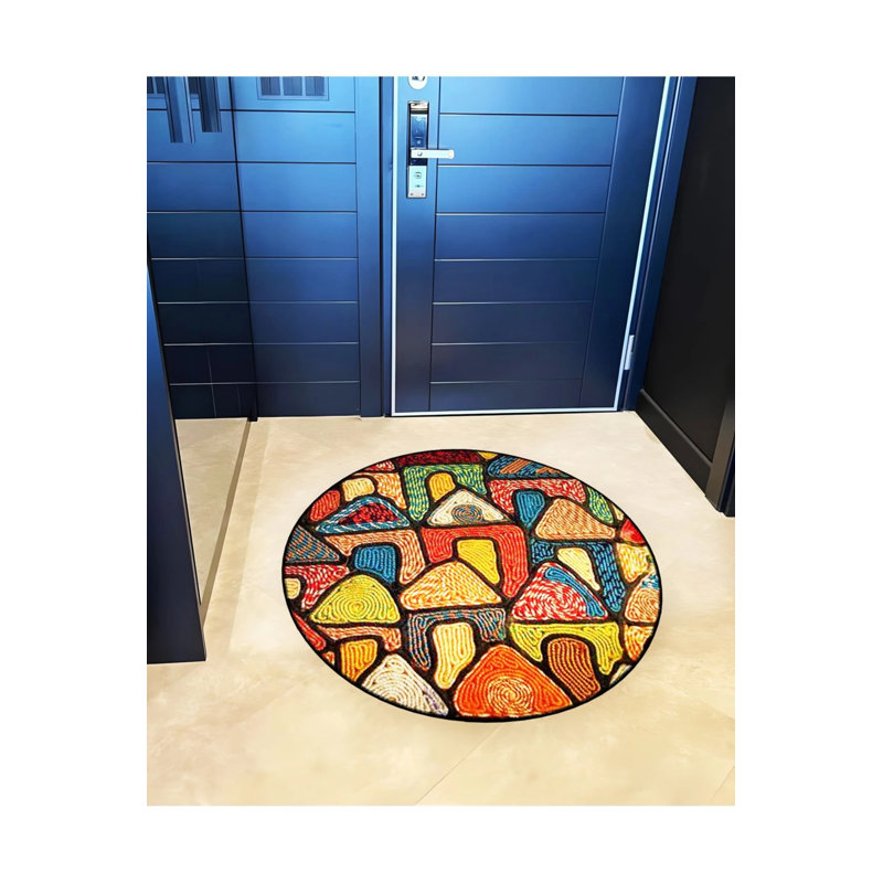 Multicolored Geometric Shaped Houses Patterned Round Woven Base Modern Decorative Carpet, Round 5'