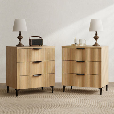 Set Of 2 Fluted Wood Nightstand With 3 Drawers, Tall Modern Bedside Table, 25.6'' W X 13.8'' D X 29.5'' H, Natural