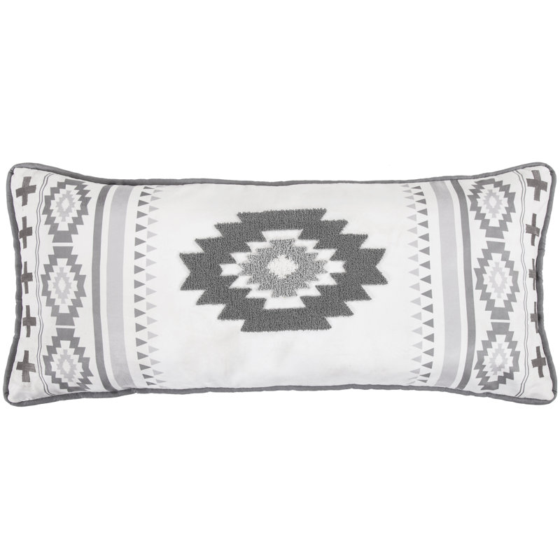 Gray and White Embroidered Aztec Lumbar Throw Pillow