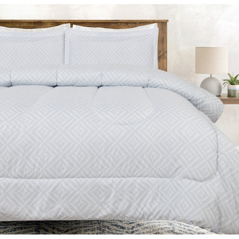 3-Piece Chanasya White Gray Geometric Diamond Microfiber Comforter Set, King Comforter + 2 King Shams