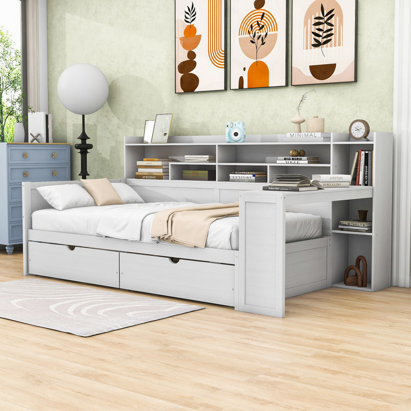 Lit de jour en bois avec tiroirs, bureau et tablettes Dalainey, Lit simple, Blanc antique