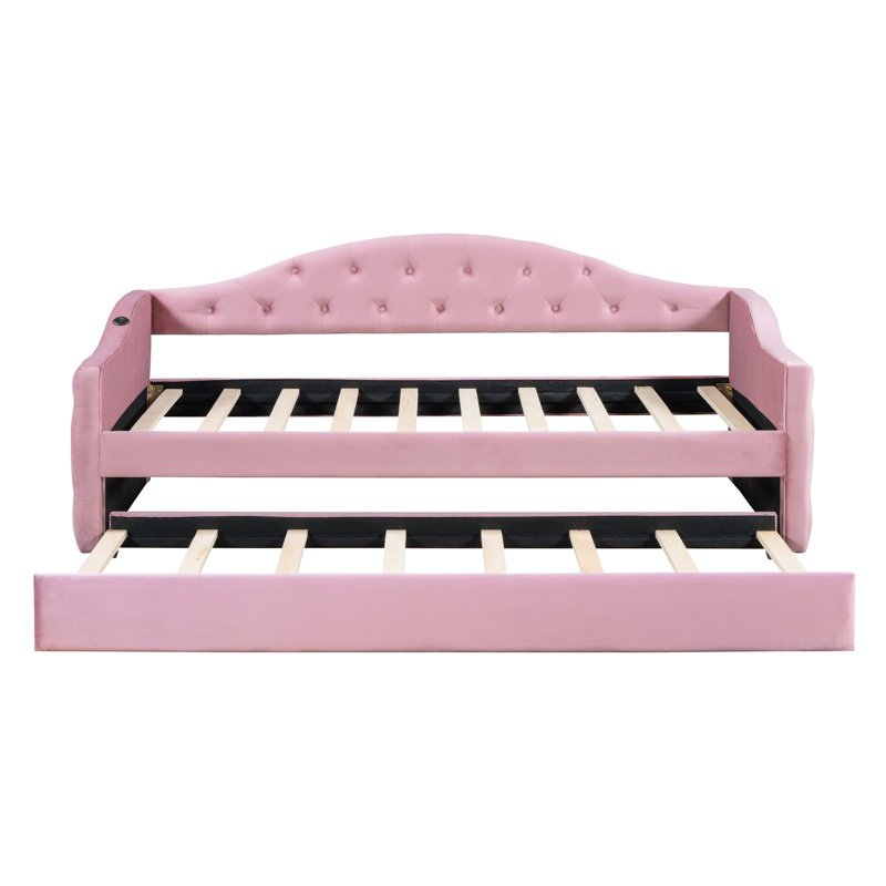 Lit de jour simple avec couchette en velours rose, structure, gigogne en velours, ports, élégant, Rose