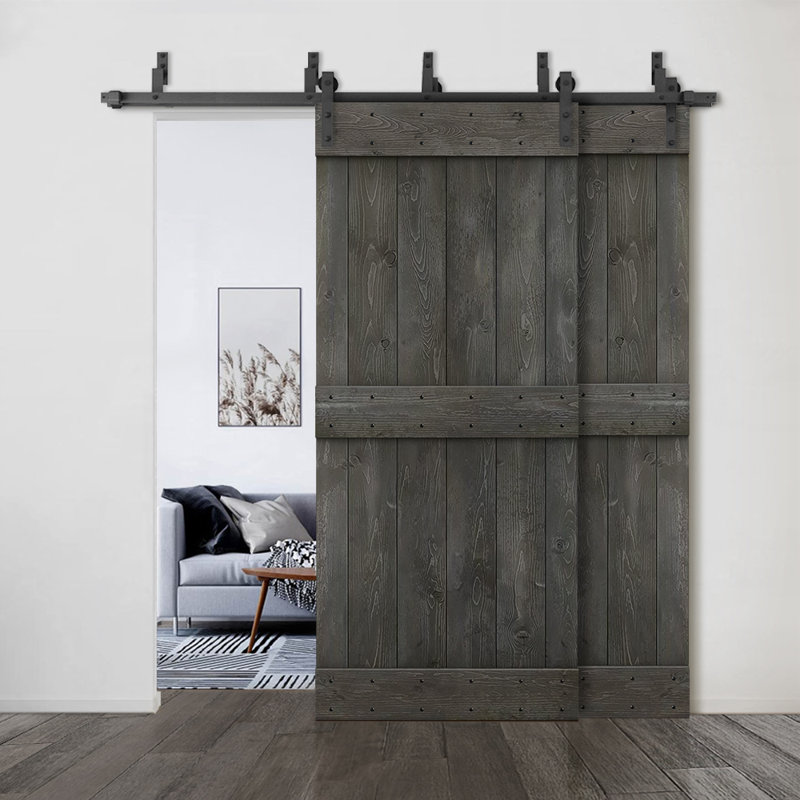 Porte de grange double à panneaux en bois teinté à panneau Mid-Bar, 80 po x 84 po, Gris carbone