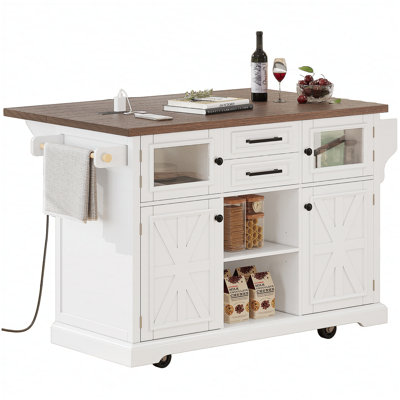 54.9" Kitchen Island with Drop Leaf, Power Outlet, Kitchen Storage Cart with 4 Door Shelves, Cross Barn Doors & Visual Glass Door, Rolling Kitchen Island on 4 Wheels for Kitchen, Dining Room,White
