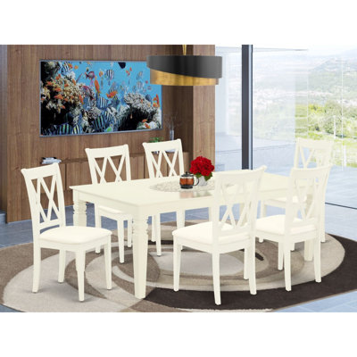 7 Piece Dining Room Table Set Consist of a Rectangle Kitchen Table with Butterfly Leaf and 6 Linen Fabric Chairs, Linen White