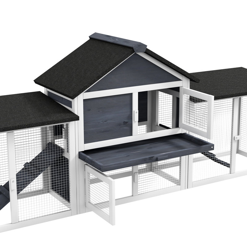 Grand pavillon de lapin pour l'extérieur - uni, avec cabane et rampe, poulailler gris spacieux, foncé