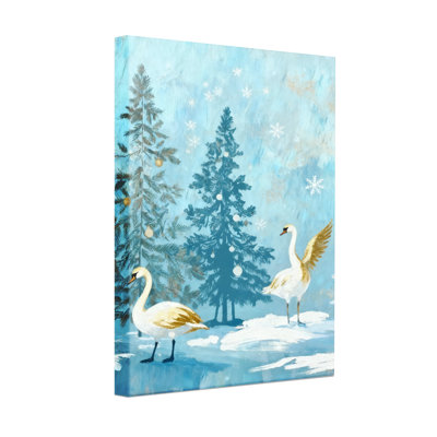 Cygnes de Noël dans la forêt d'hiver avec flocons de neige, ensemble de 3 impressions d'art sur toile