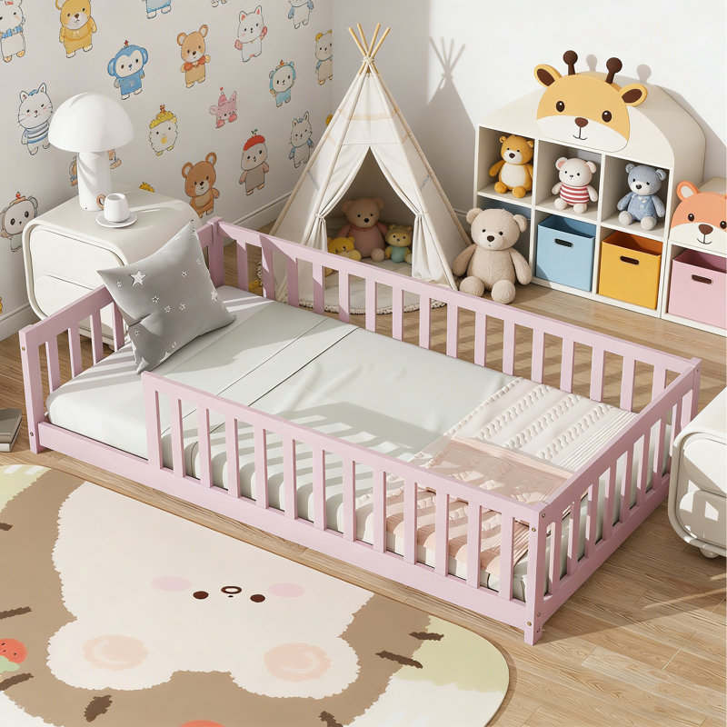 Twin Size Solid Wood Kids Floor Platform Bed for Toddler Bed Transition with Fence, No Door Included, Pink
