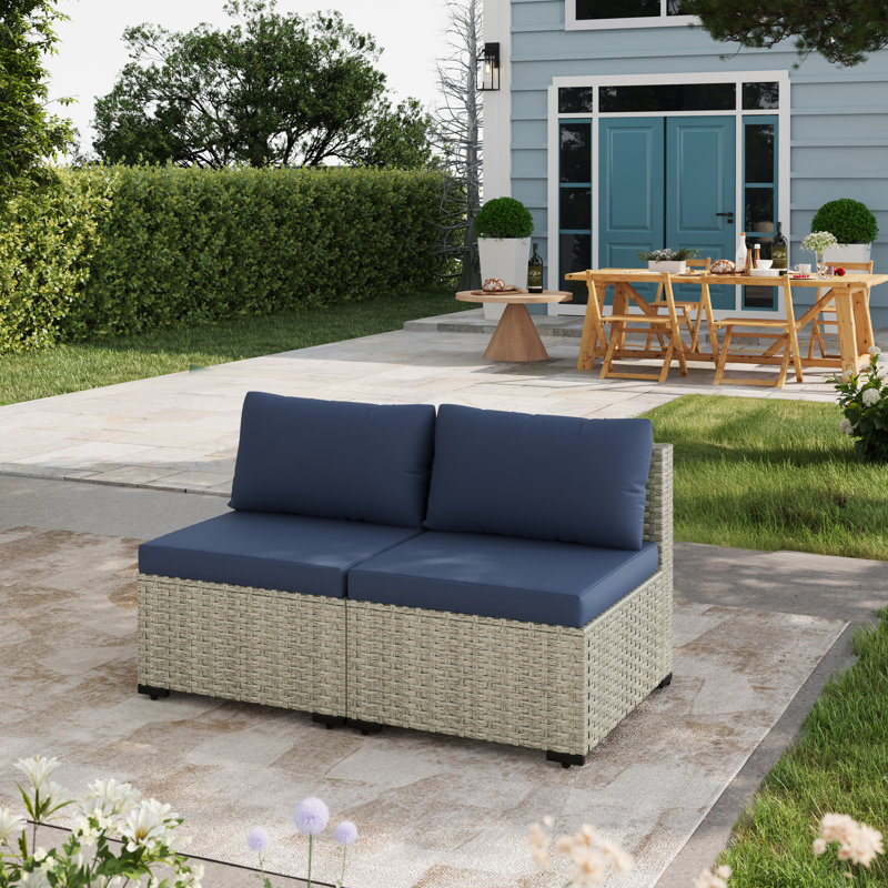 2 Pieces Design- Rattan Patio Sofa With Cushions, Navy