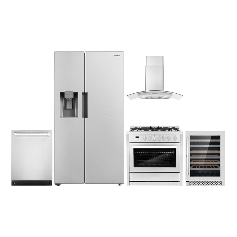 Cosmo 5 Piece Kitchen Appliance Package with Side By Side Refrigerator 35.5'' Gas Freestanding Built-In