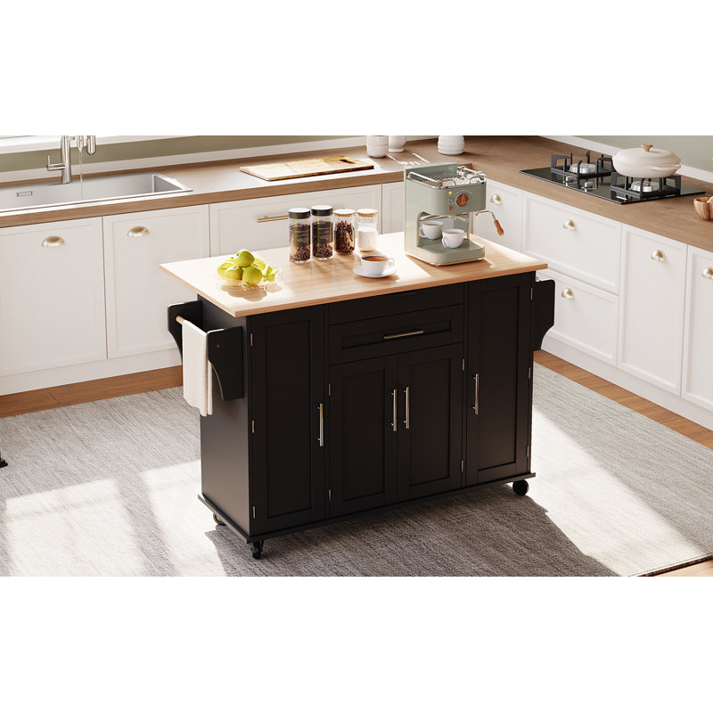 136 cm W Kitchen Island with, MDF, Black/Natural/Silver
