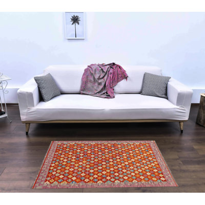 Tapis rouge / bleu / beige à motif géométrique en laine tissé à plat à motif rectangulaire 3 pi 4 po x 4 pi Beavert
