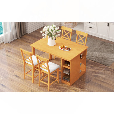 Ensemble de table de salle à manger à hauteur de comptoir en bois massif avec tablettes de rangement à 3 niveaux, chaises de salle à manger rembourrées pour 4, 5 pièces