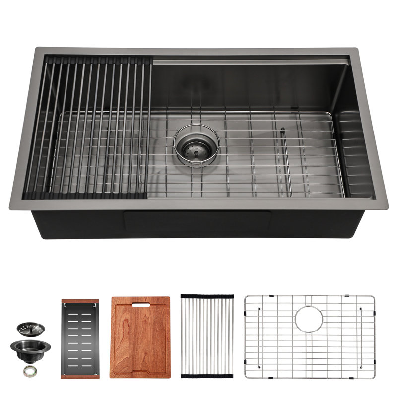Évier de cuisine Gunmetal noir pour poste de travail, 28 x 18 x 10, acier inoxydable 16 G, finition silencieuse, avec passoire, pinces et instructions d'installation encastrées Pratique, facile à essuyer, avec réduction du bruit
