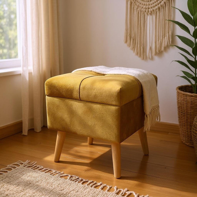 Bourquin 33cm Velvet Tufted Square Ottoman – Stylish  Hand-Finished Footstool with Storage for Office & Living Rooms, Yellow