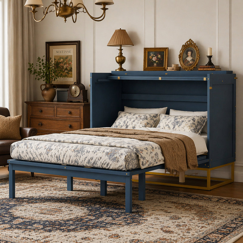 Grand lit escamotable avec pieds en fer, design moderne, bleu