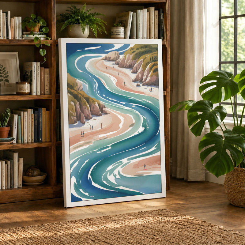 Winding River Through Stone Minimalist 1 Piece Wrapped Canvas Wall Art, 18x12 - 45.7 x 30.5 cm, Terracotta Border