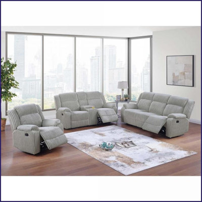 3pc Motion Sofa Set – Ash Fur-Like Corduroy Living Room Set with Sofa, Loveseat w/Console &amp; Recliner | Gray Ash | Corduroy | Pillow Top Arms