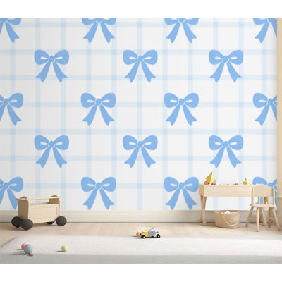 Wall Mural Peel and Stick blue ribbon bow coquette check aesthetic banners Trendy white Large Wallpaper Self-Adhesive Removable Contact Paper Wall Decor for Living Room Bedroom Nursery 69"H x 96"W