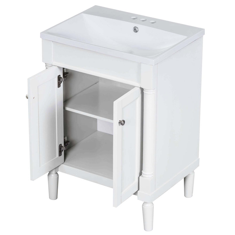 Meuble-lavabo moderne à 2 niveaux avec lavabo supérieur et grandes tablettes de rangement, Blanc