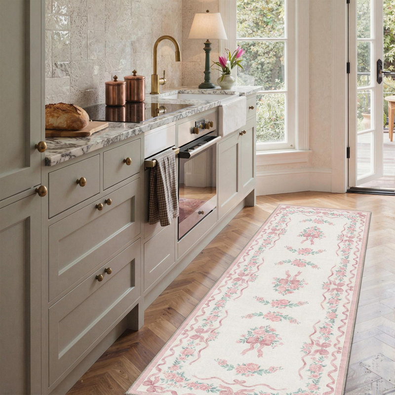 Rosette Floral Machine Washable Rose / Blush Indoor Area Rug With Non-Slip Backing, Runner 2'6" x 8'