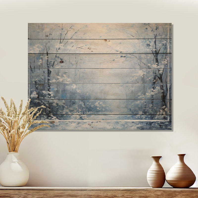 «Winter Landscape Snowfall Forest I - Winter Landscape on Wood Print», H 30 po x l 40 po